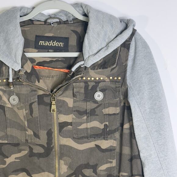 Madden NYC Camo Utility Jacket Hoodie Womens M Army Green Camo Zip Up Y2K - Picture 2 of 10